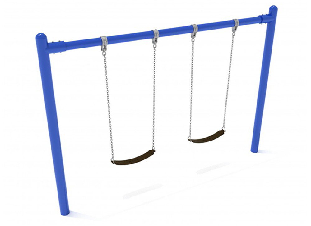 Single-post commercial swing set featuring two belt swing seats and a streamlined playground design.